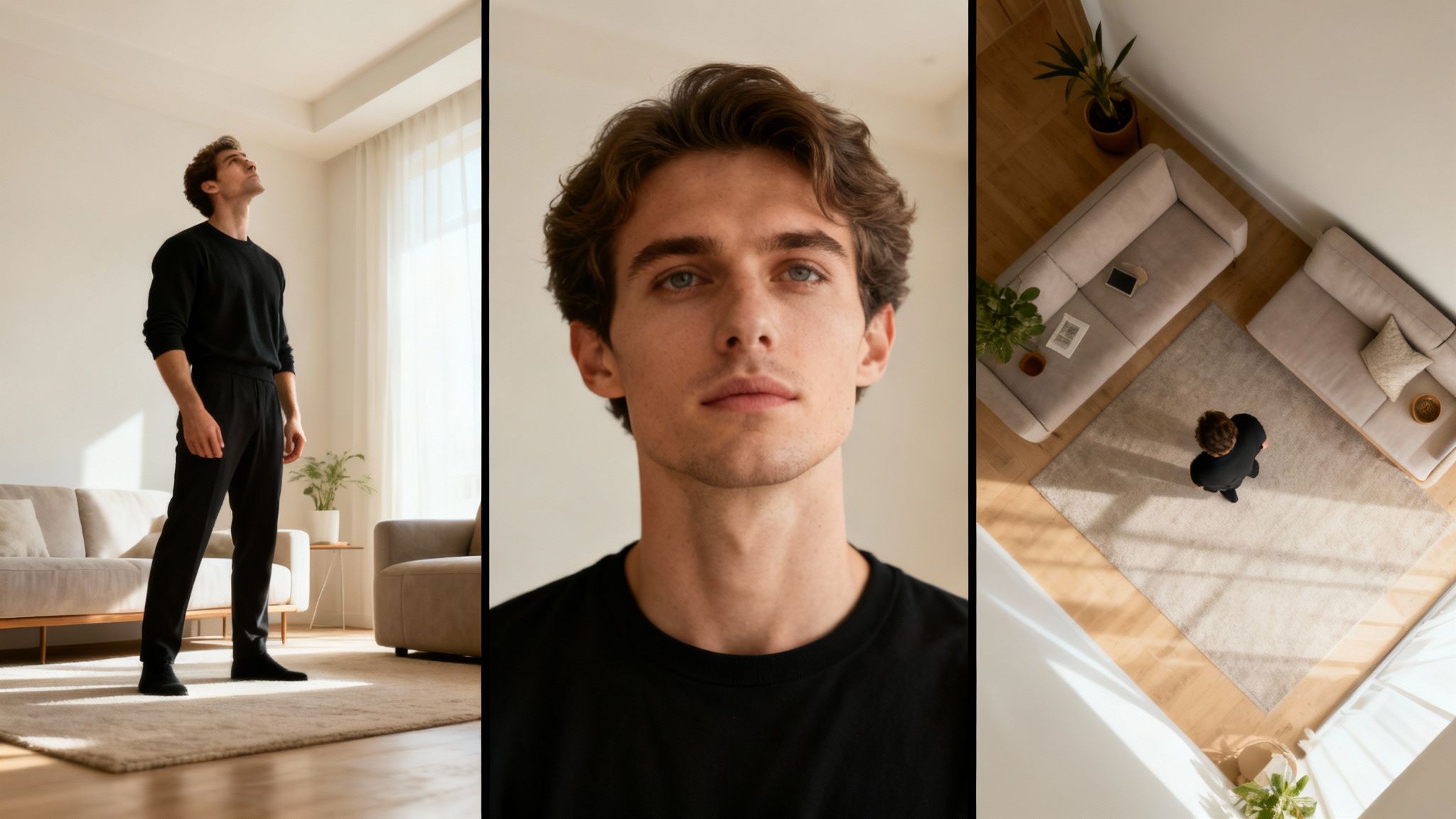 Three panels show a man in a living room from low, eye-level, and high camera angles.