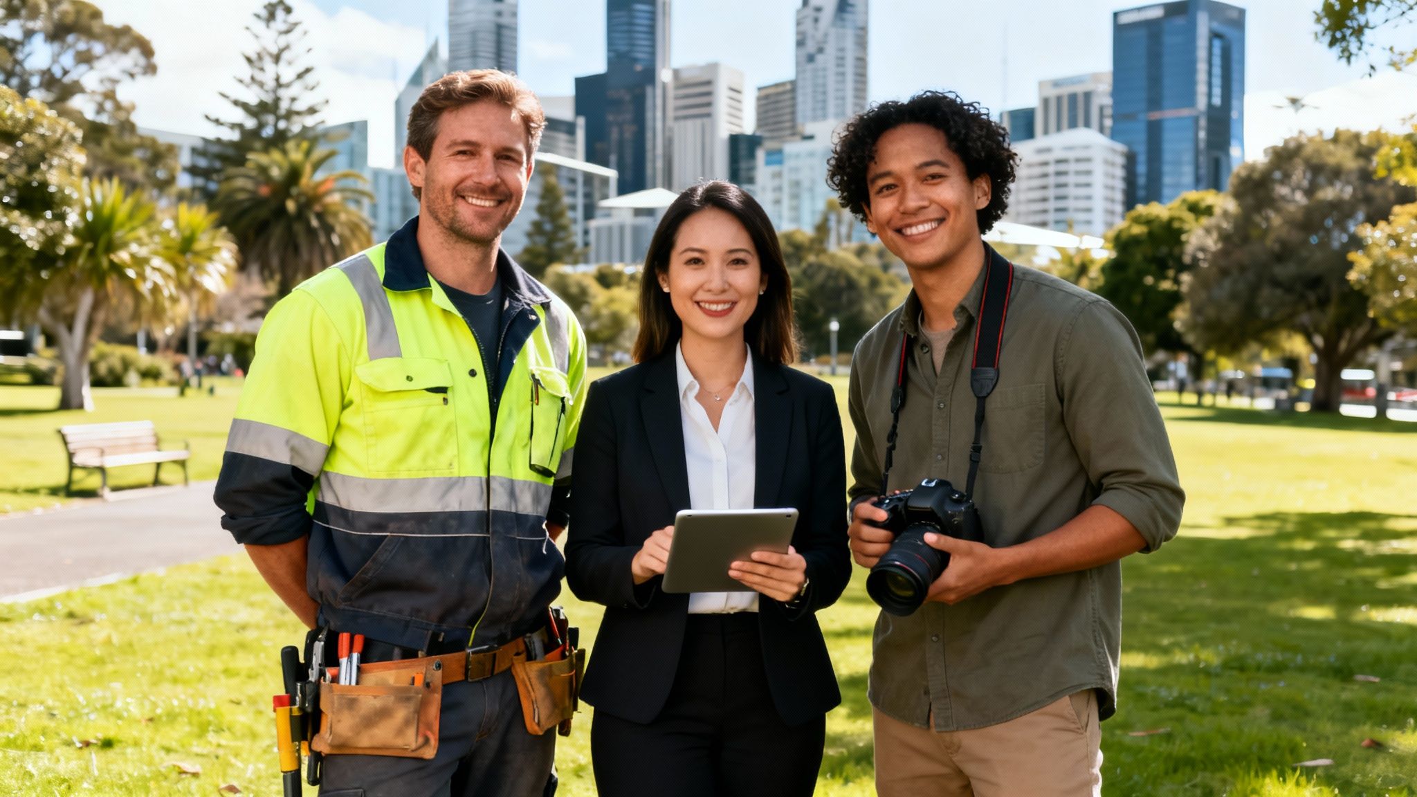 Three diverse professionals smiling in a park with city buildings, including a construction worker, businesswoman, and photographer.