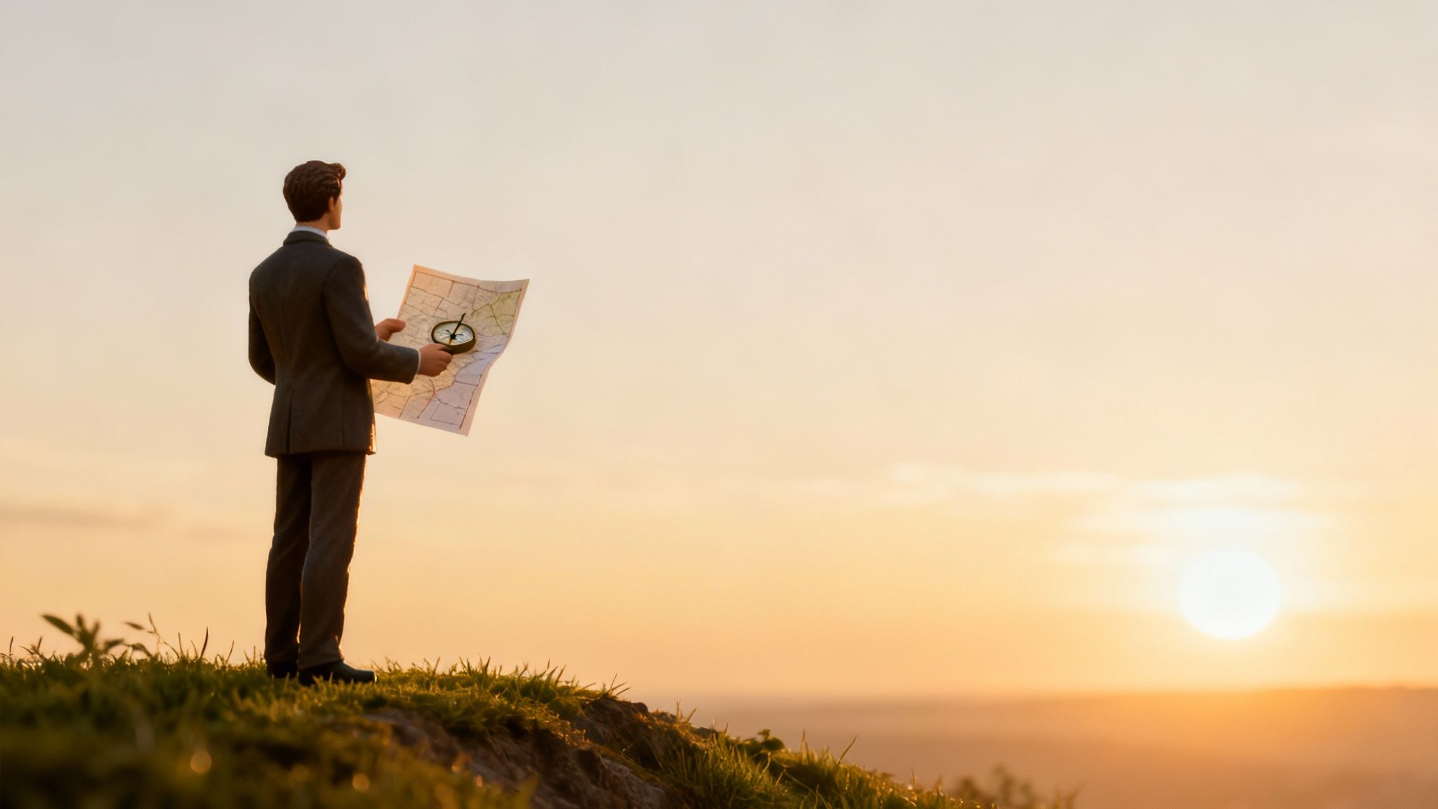 A man in a suit stands on a grassy hill at sunset, holding a map and compass.