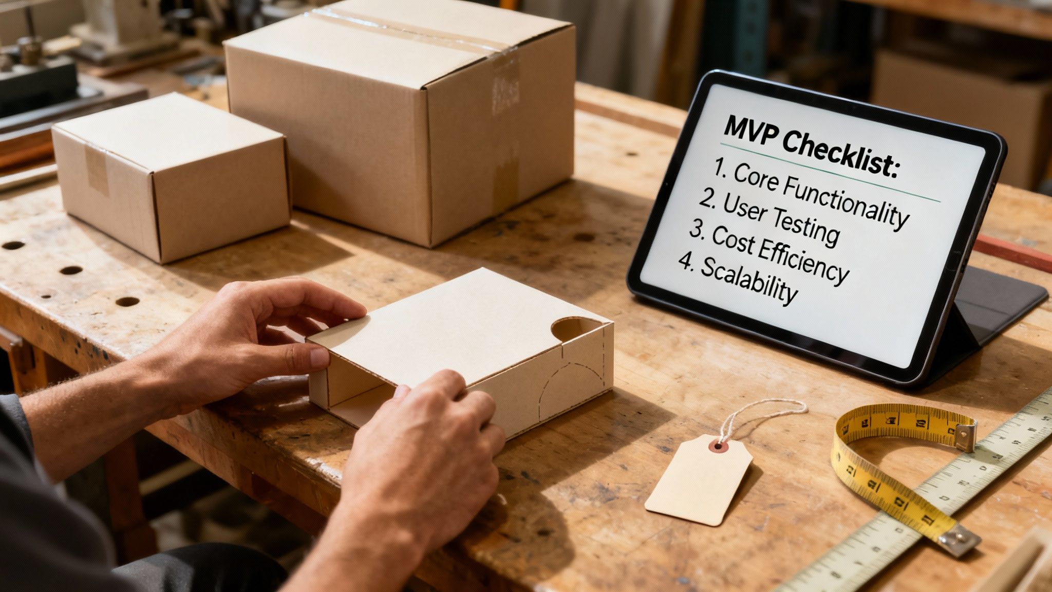 Hands assembling a cardboard box on a wooden workbench with an MVP checklist on a tablet.