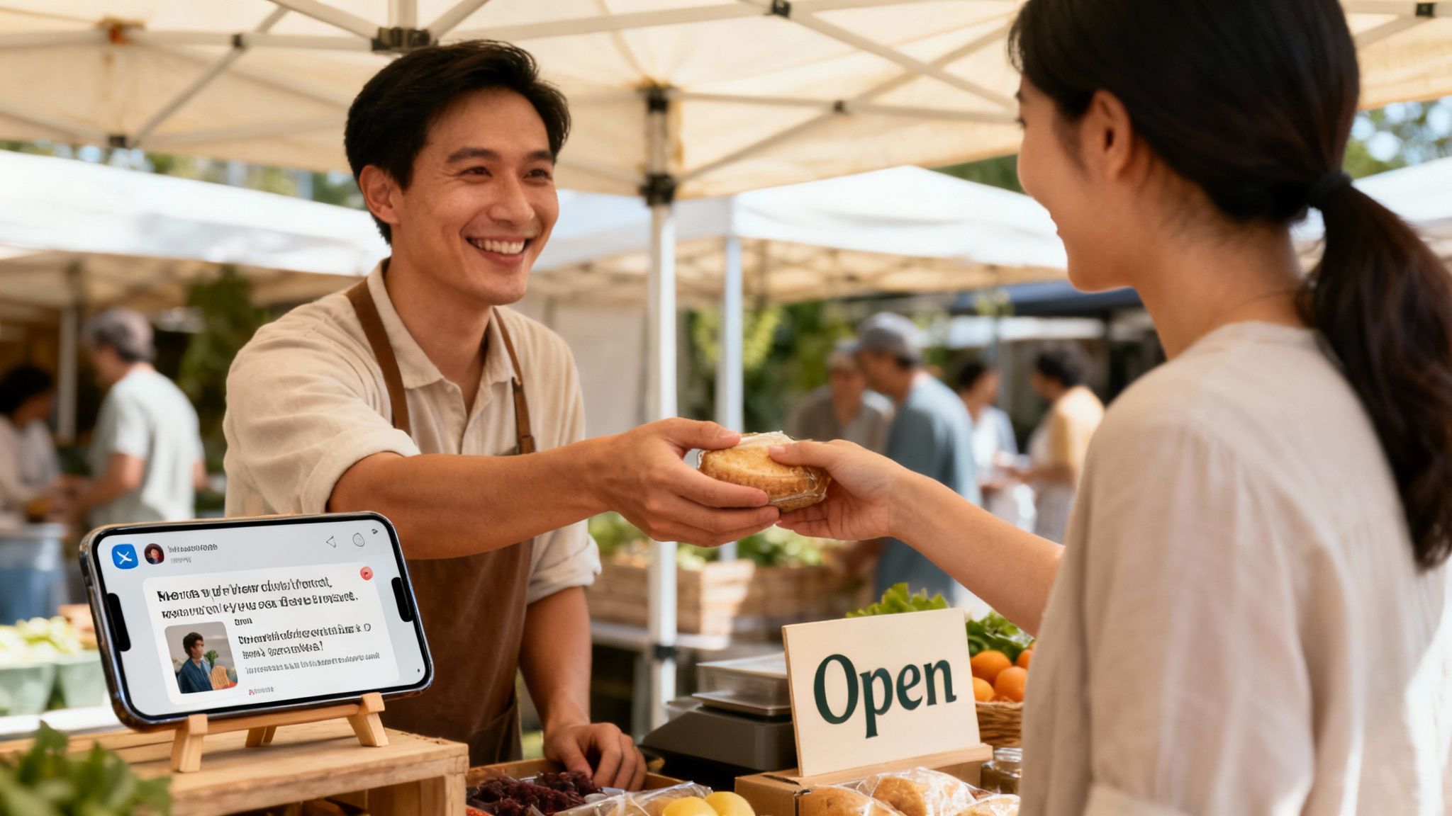 A smiling market vendor in an apron hands a packaged pastry to a customer at an outdoor market.