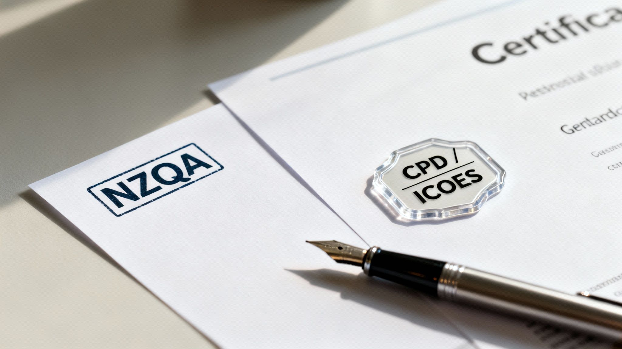 A close-up of a NZQA certificate, CPD/ICOES badge, and a fountain pen on a white desk.