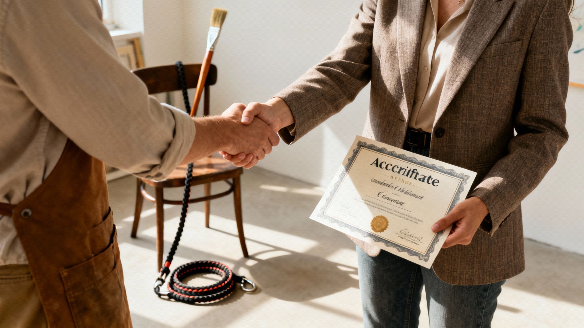 Two individuals shaking hands, one holding a document titled 'Accreditifate' with a gold seal.