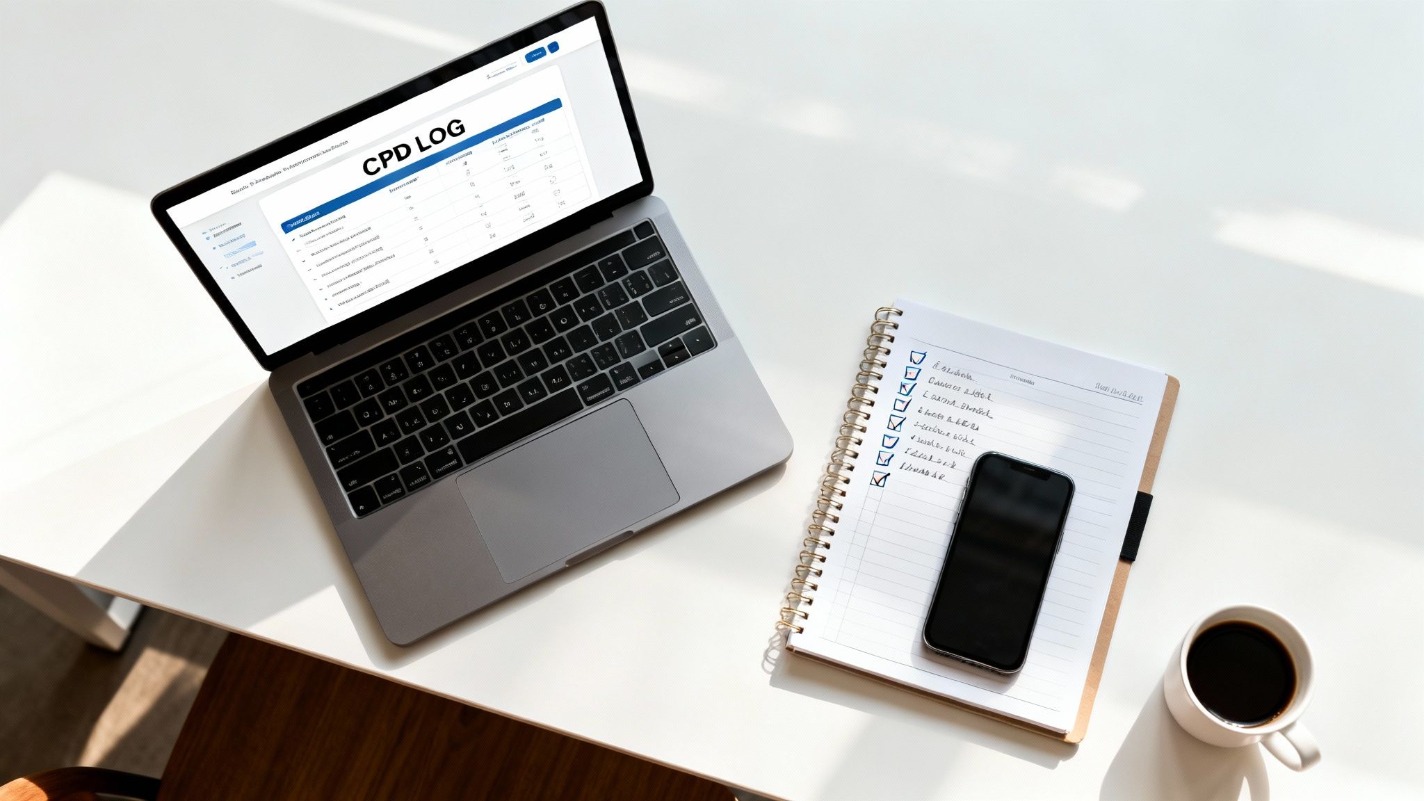 Overhead shot of a clean white desk with a laptop showing a CPD log, notebook, phone, and coffee.