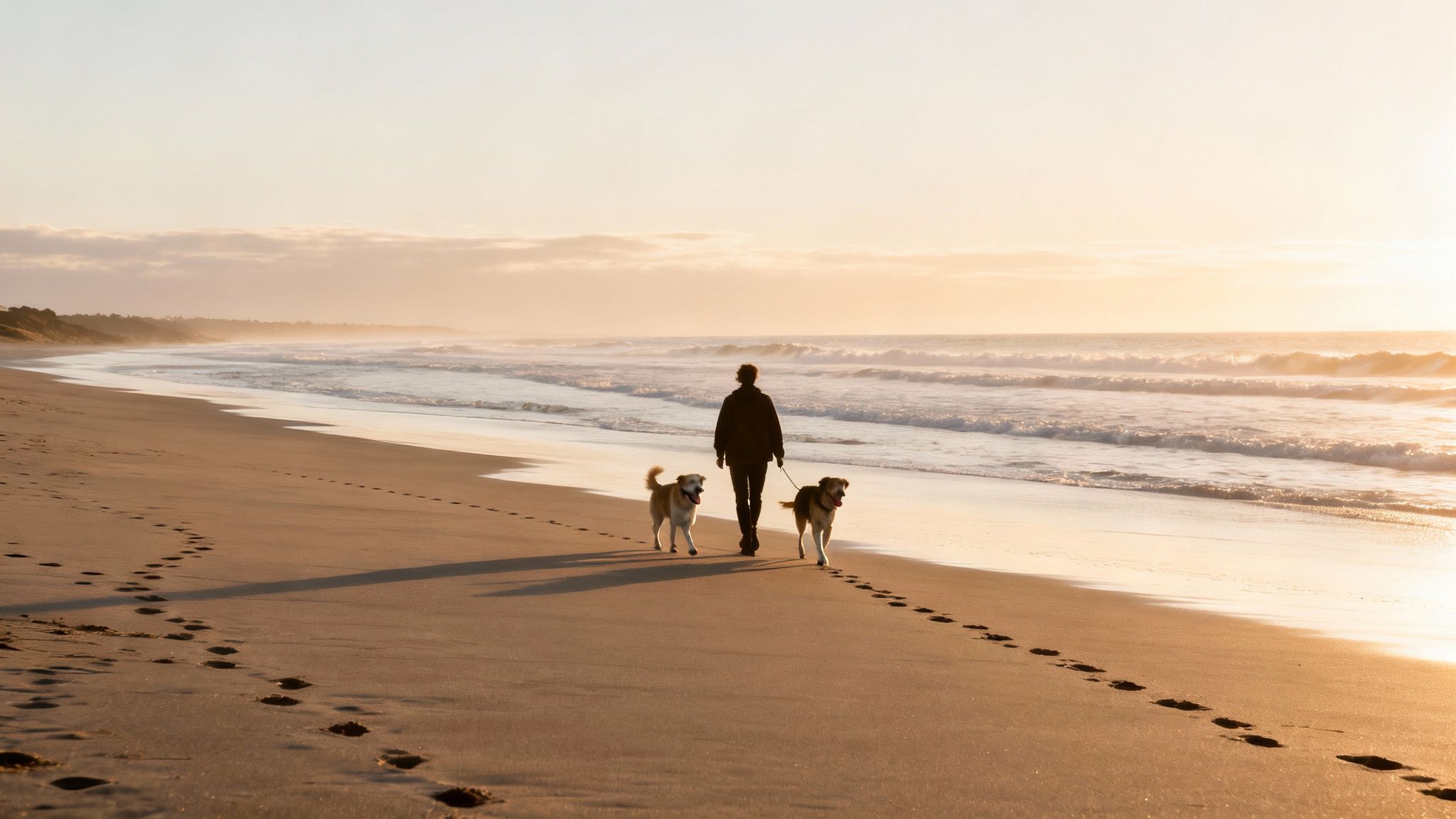 A person walking two dogs on a wide sandy beach with ocean waves at sunset.