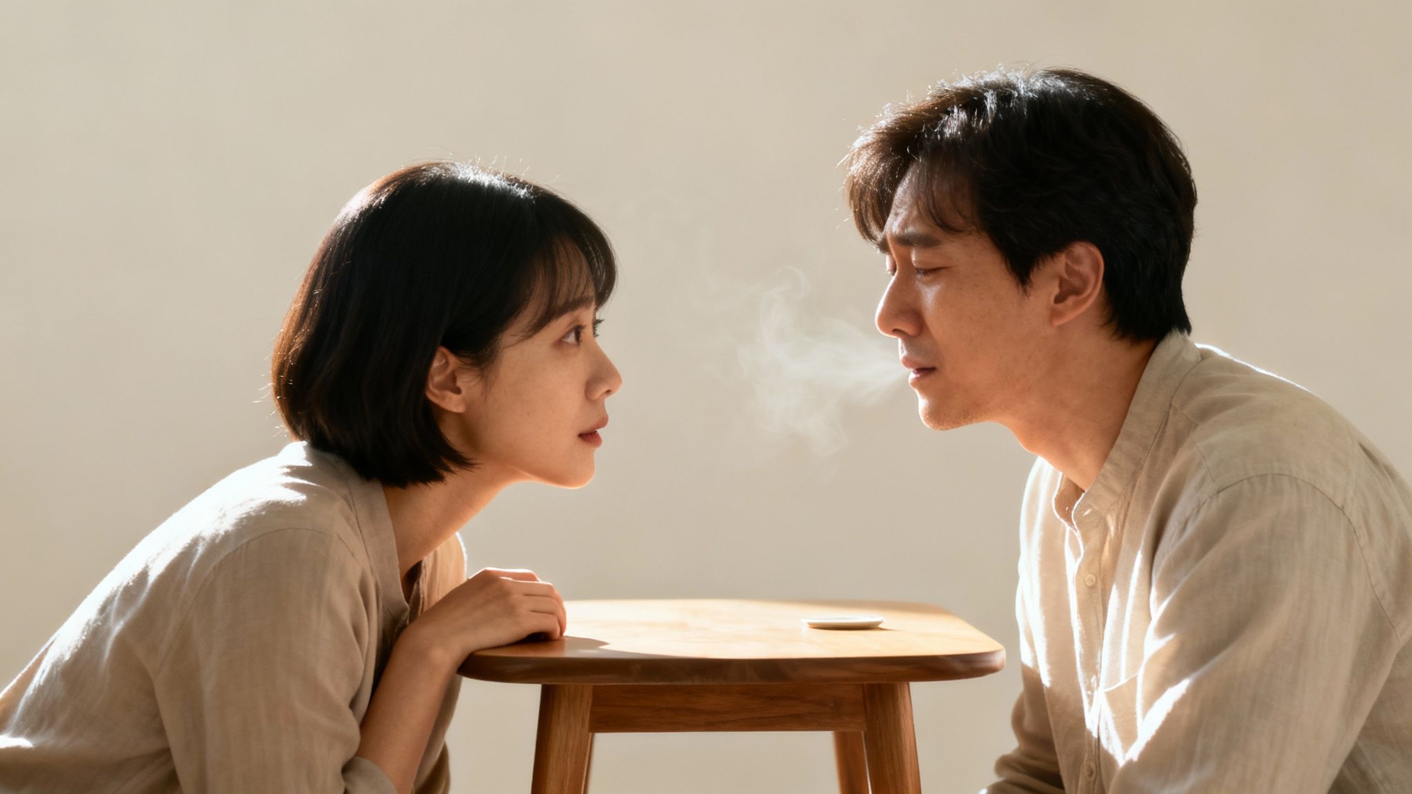 Two people gaze intently at each other across a small table, man exhaling visible breath.