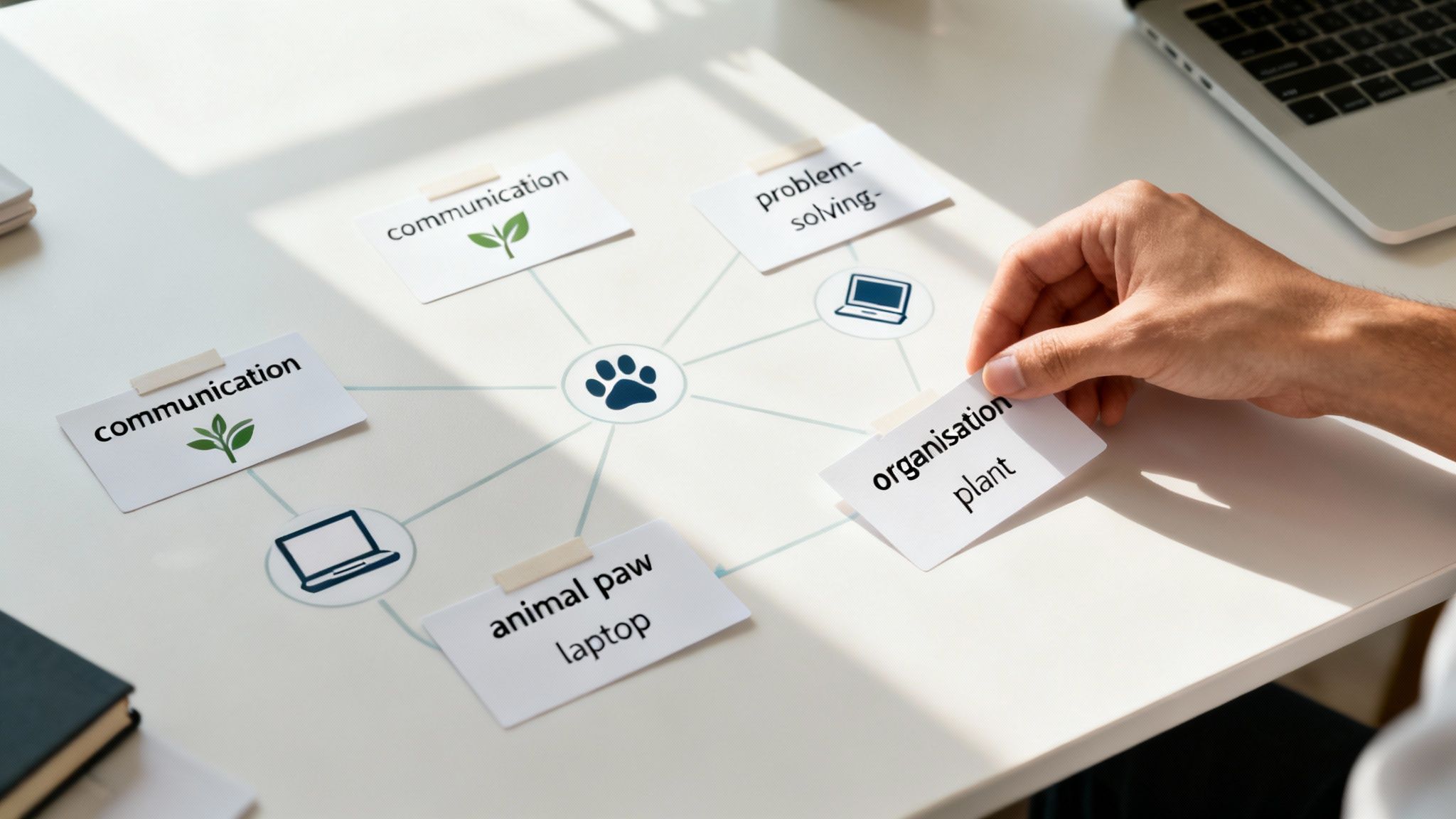 A person's hand places an 'organisation plant' flashcard onto a mind map with a central paw print.