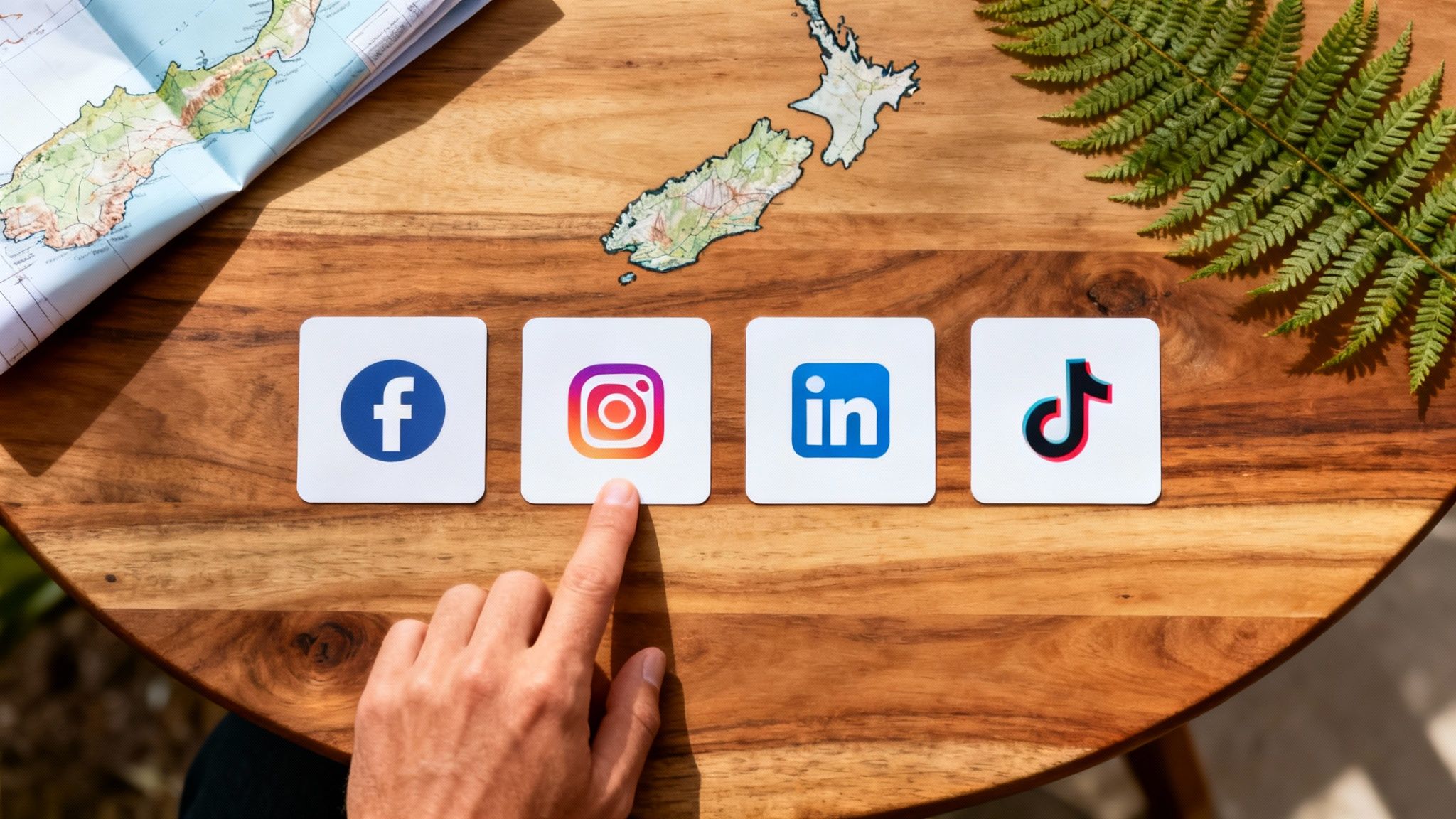 A hand points at the Instagram logo on a wooden table, with other social media icons and a New Zealand map.