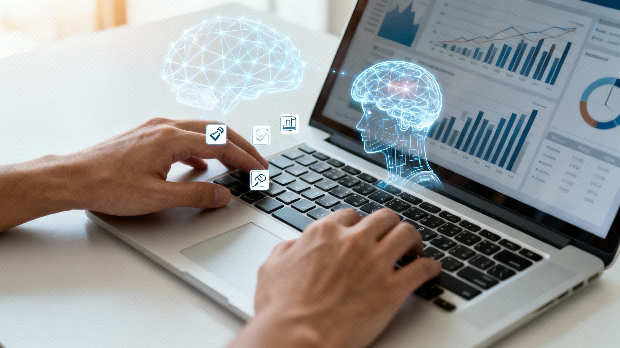 Hands typing on laptop with digital brains, data visualizations, and marketing icons.