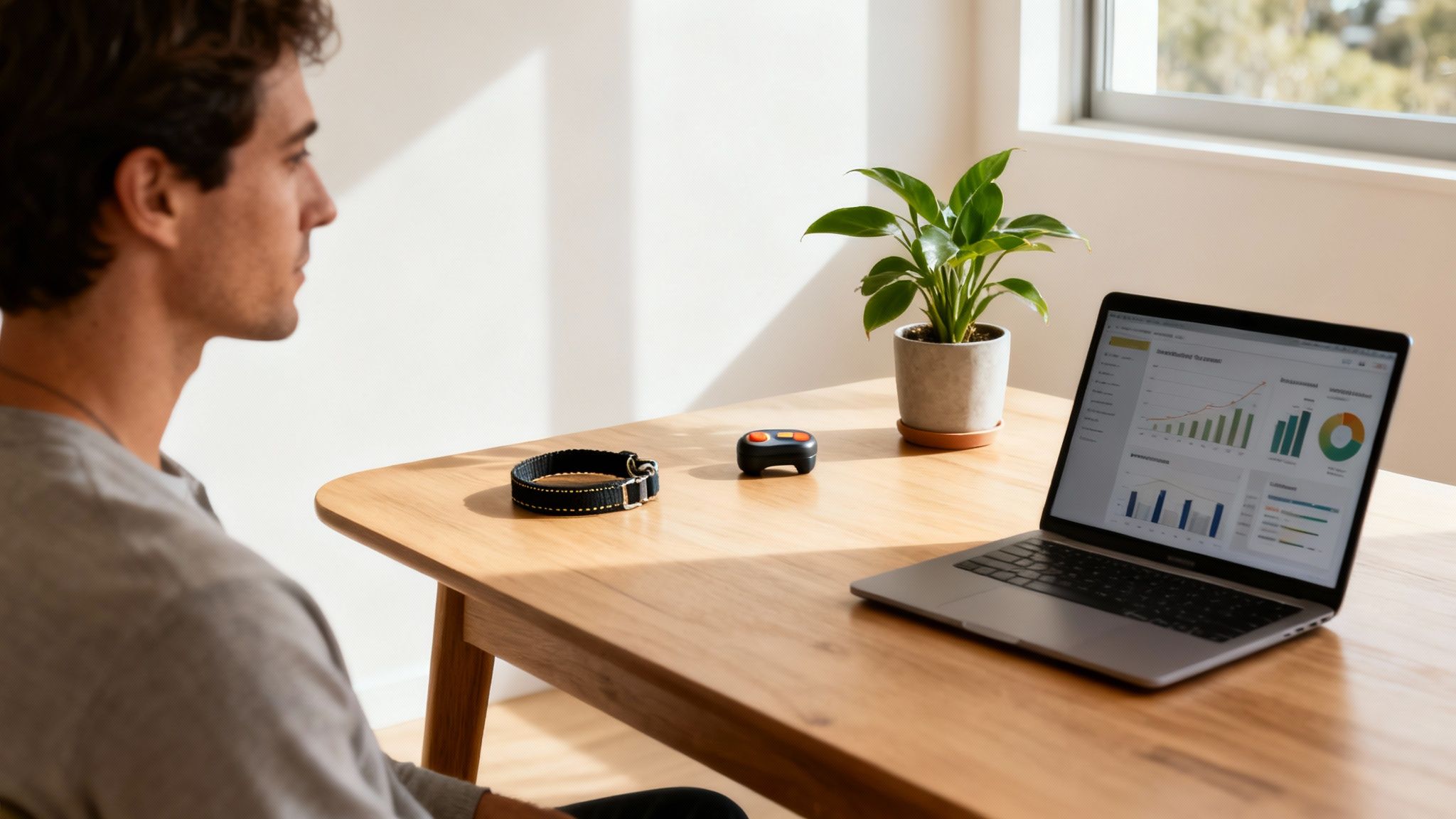 A man sits at a wooden desk with a laptop, dog collar, and remote training device.
