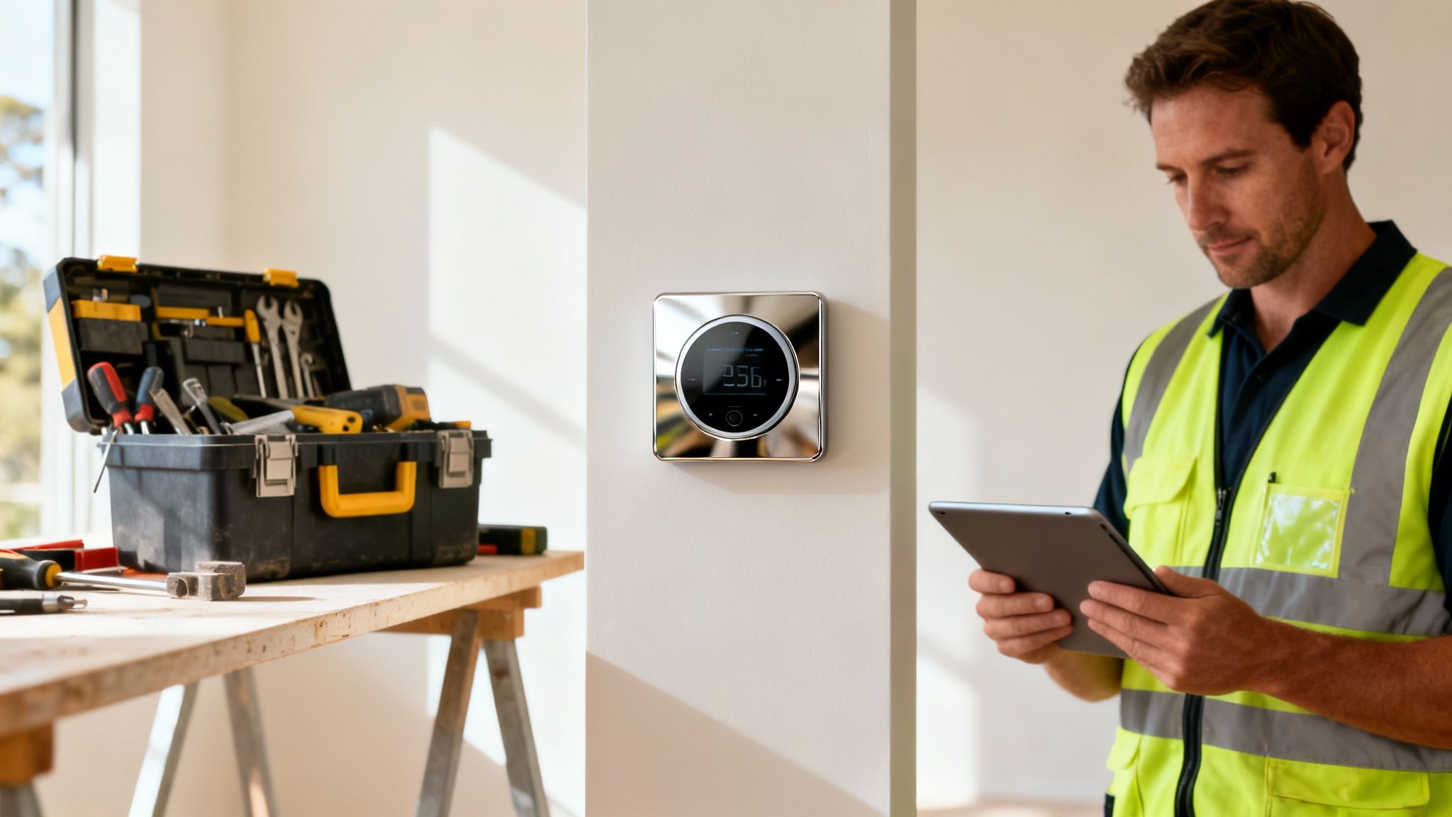 A construction worker in a safety vest looks at a tablet next to a smart home thermostat.
