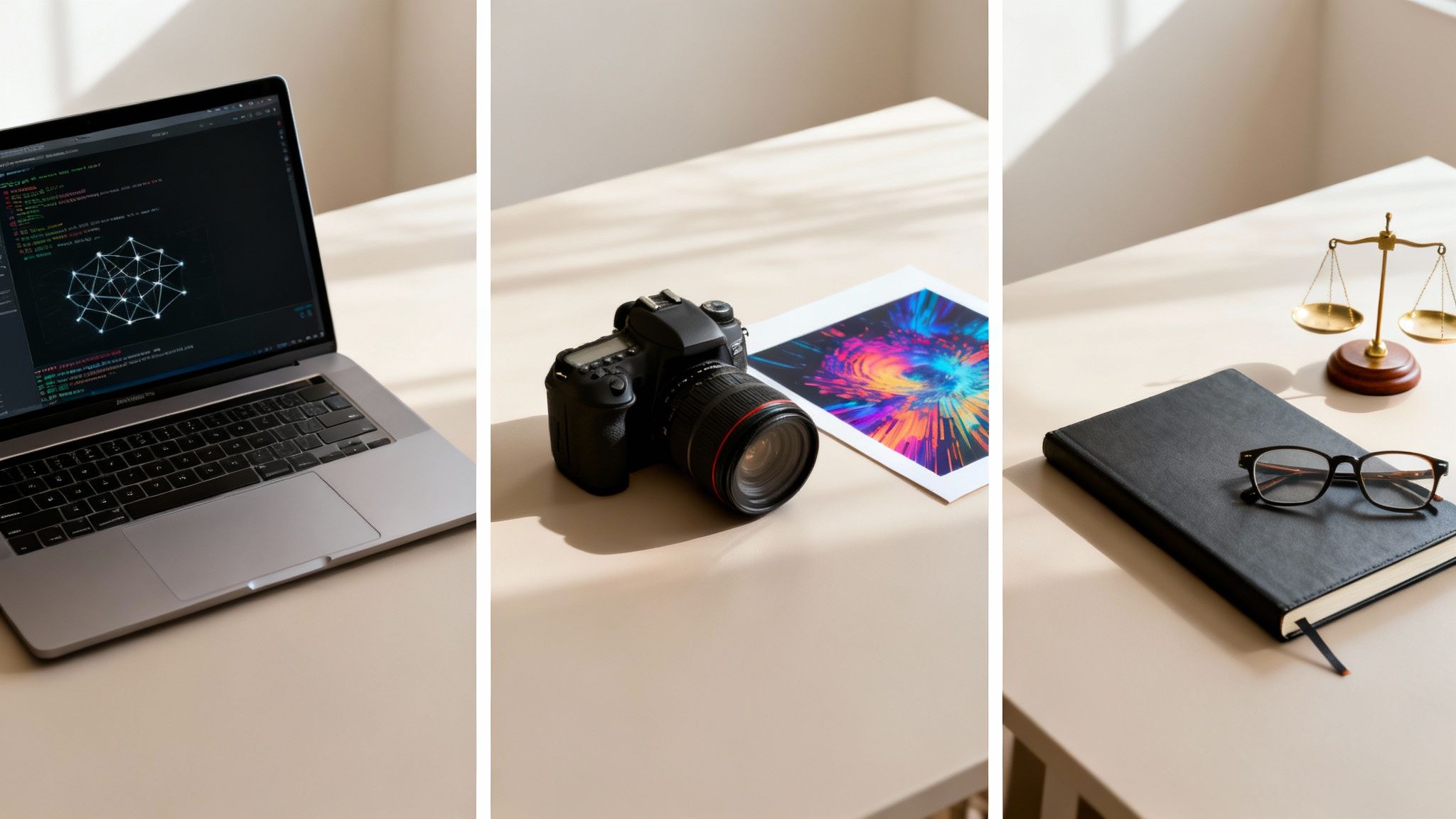 Three distinct professional workspaces: a laptop with code, a camera with art, and a notebook with scales of justice.