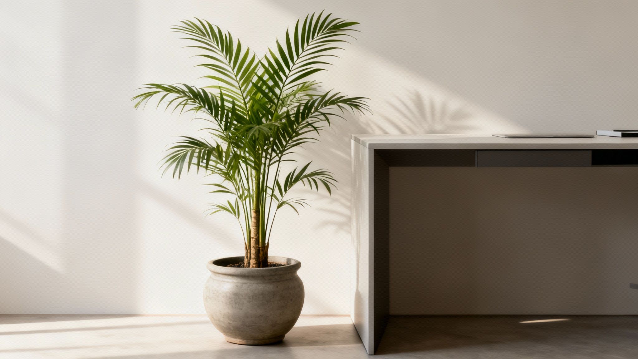 A beautiful potted palm plant against a white wall with sun shadows and a minimalist desk.