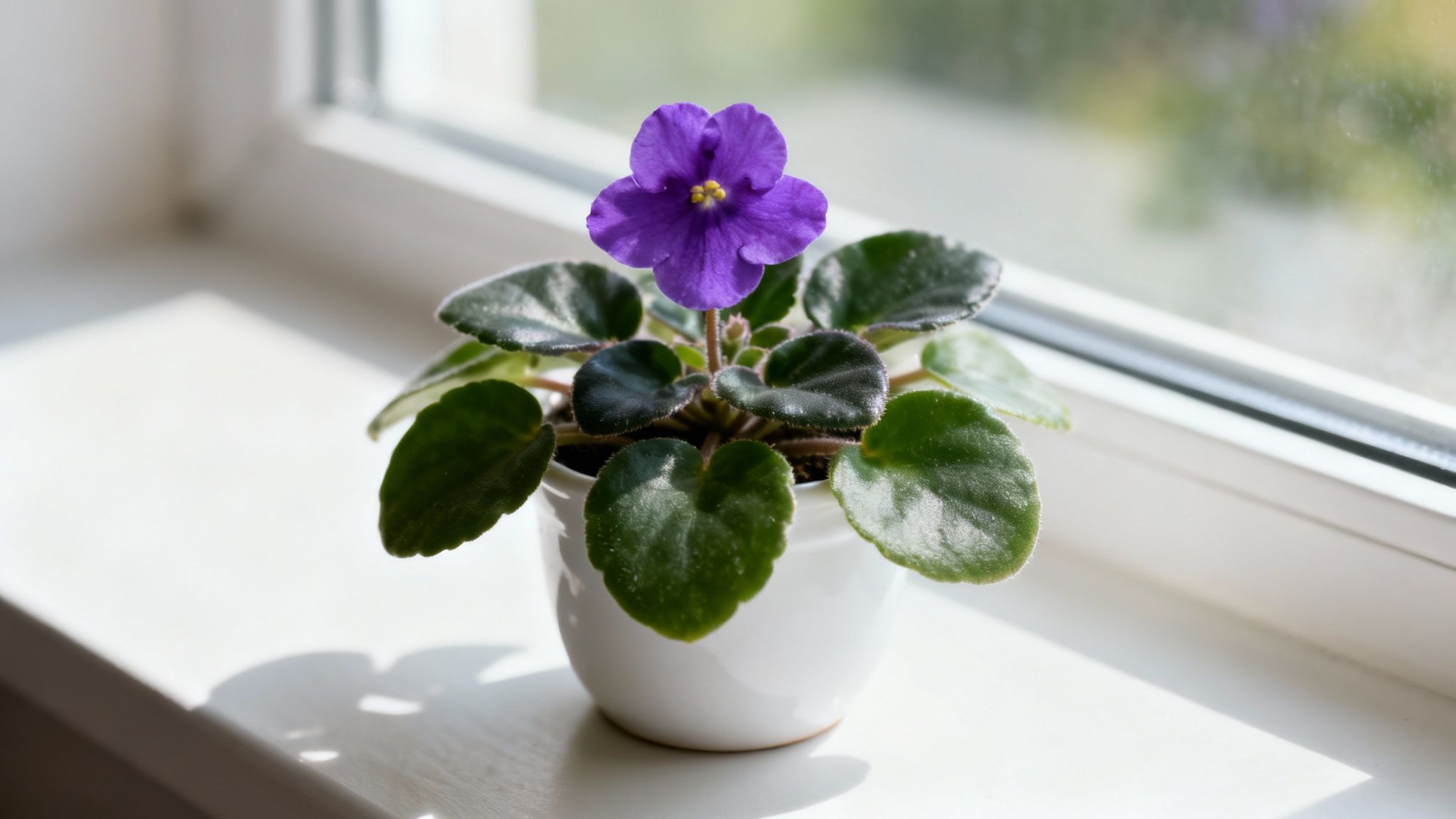 A vibrant purple African violet houseplant in a white pot sits on a sunny windowsill.