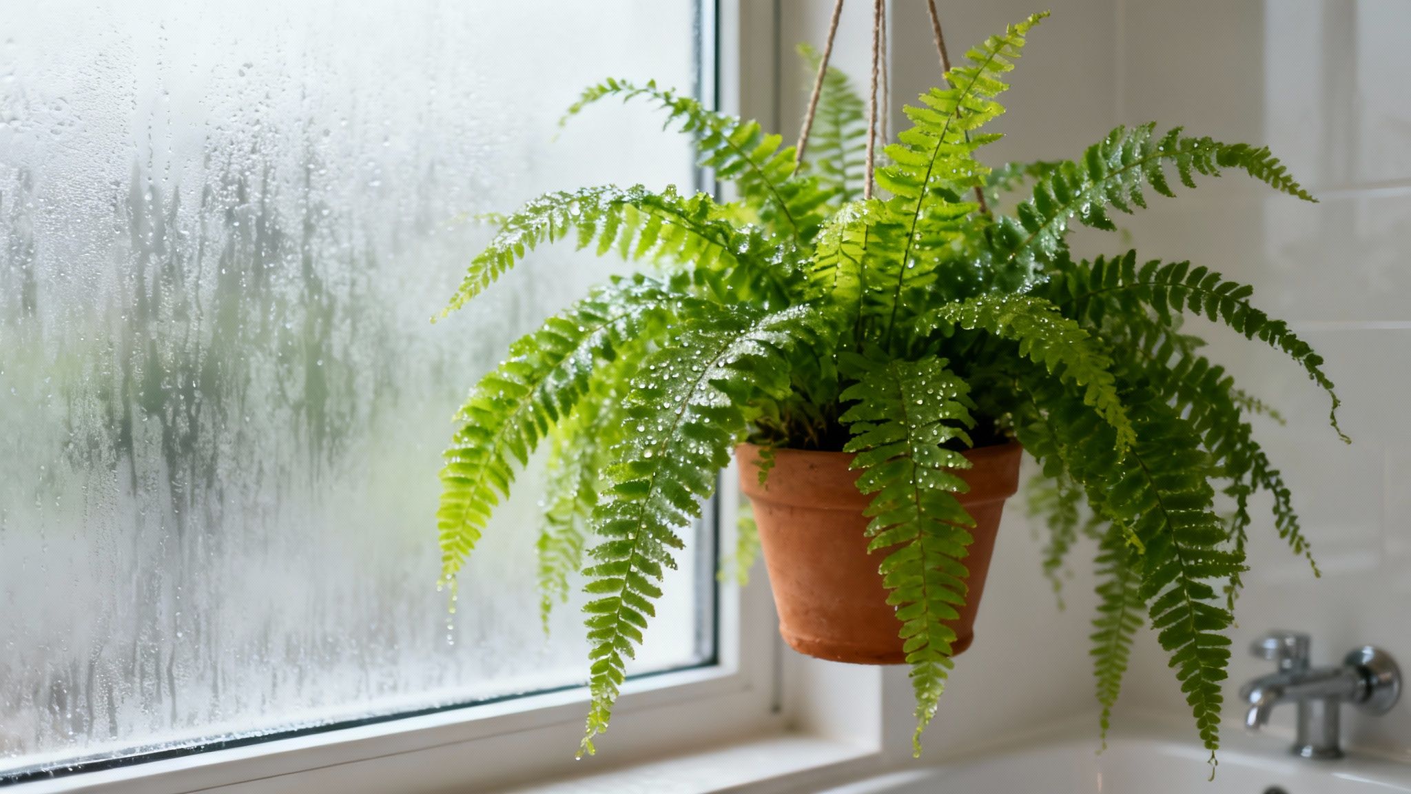 A vibrant green fern houseplant with water droplets hangs in a terracotta pot near a misty bathroom window.