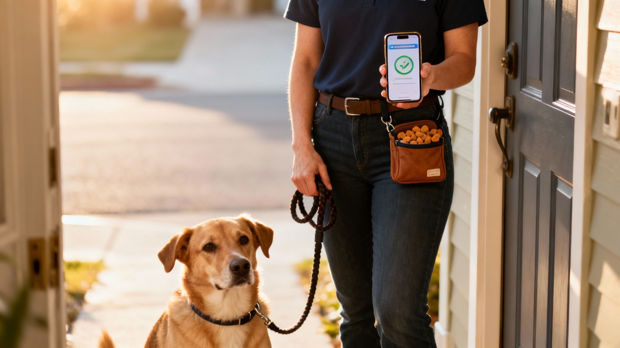 A dog walker holds a leash, a phone with a checkmark, and a treat pouch next to a dog.