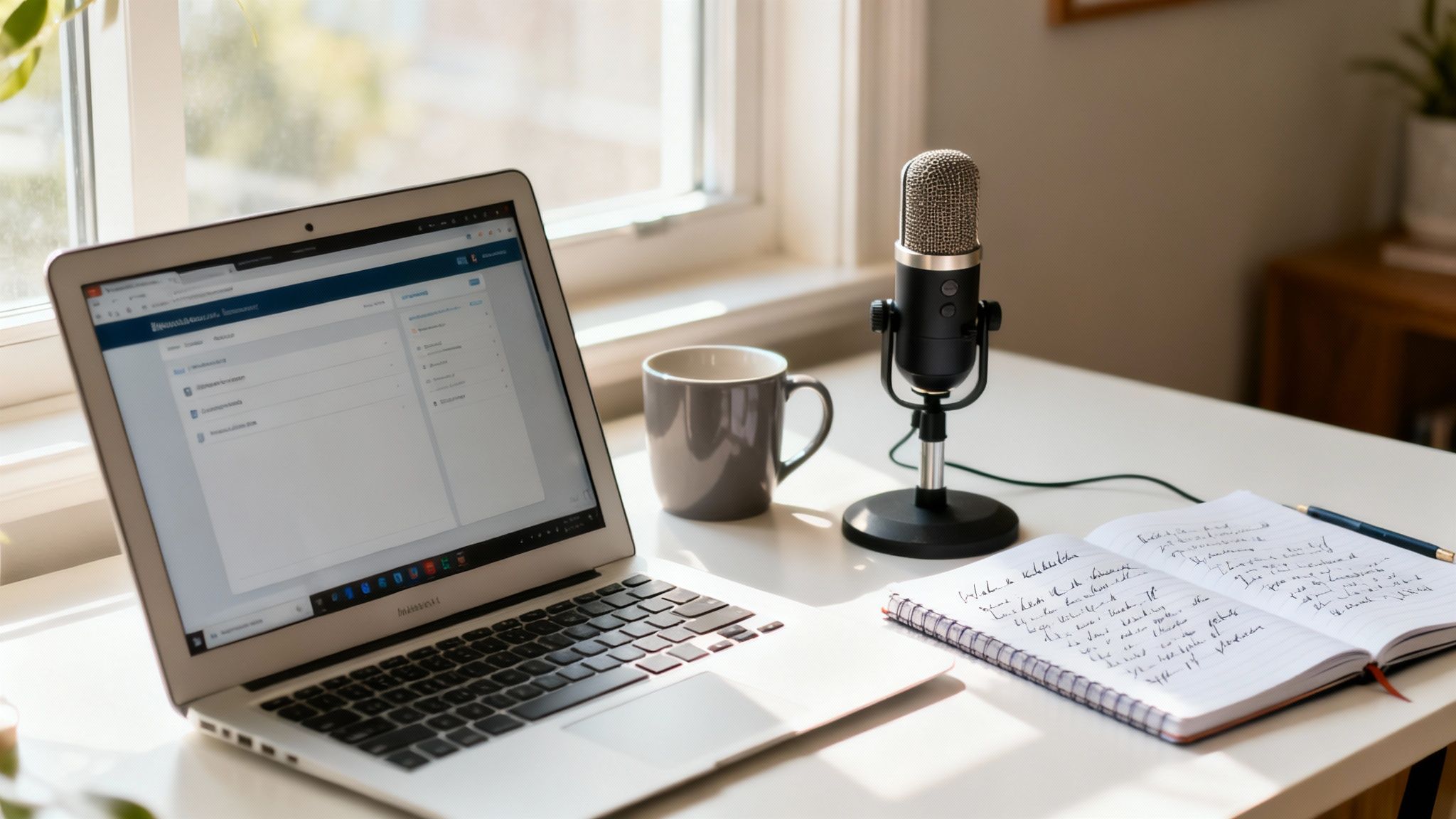 A bright home office setup with a laptop, microphone, coffee mug, and notebook on a white desk.