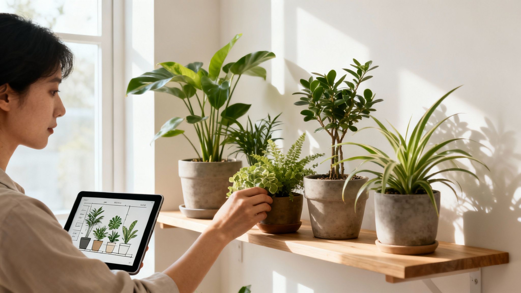 A person holds a tablet with plant designs while caring for potted plants on a shelf.