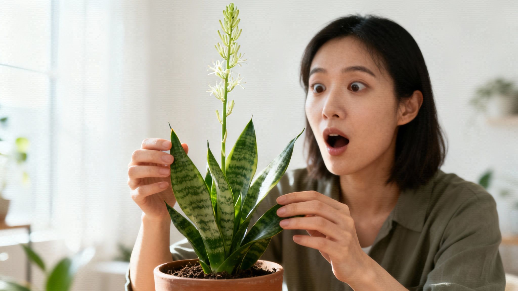 An Asian woman looking astonished at her snake plant that has bloomed with white flowers.