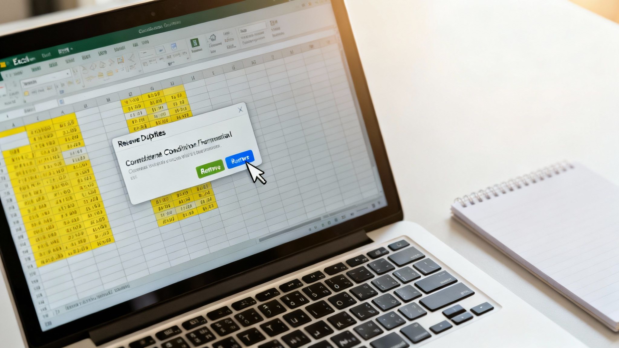 A laptop displaying an Excel spreadsheet with a 'Remove Duplicates' dialog box and a mouse cursor.
