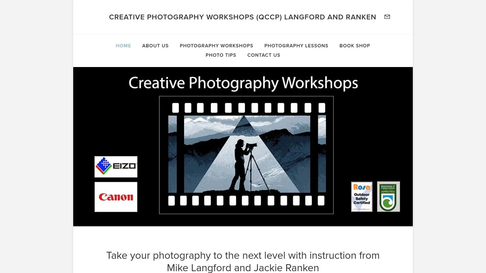 A scenic view of a river and mountains, with the Queenstown Centre for Creative Photography website header and menu options visible.