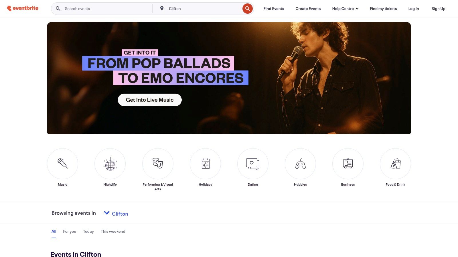 A view of the Eventbrite New Zealand homepage showing various event categories and a search bar for photography workshops.