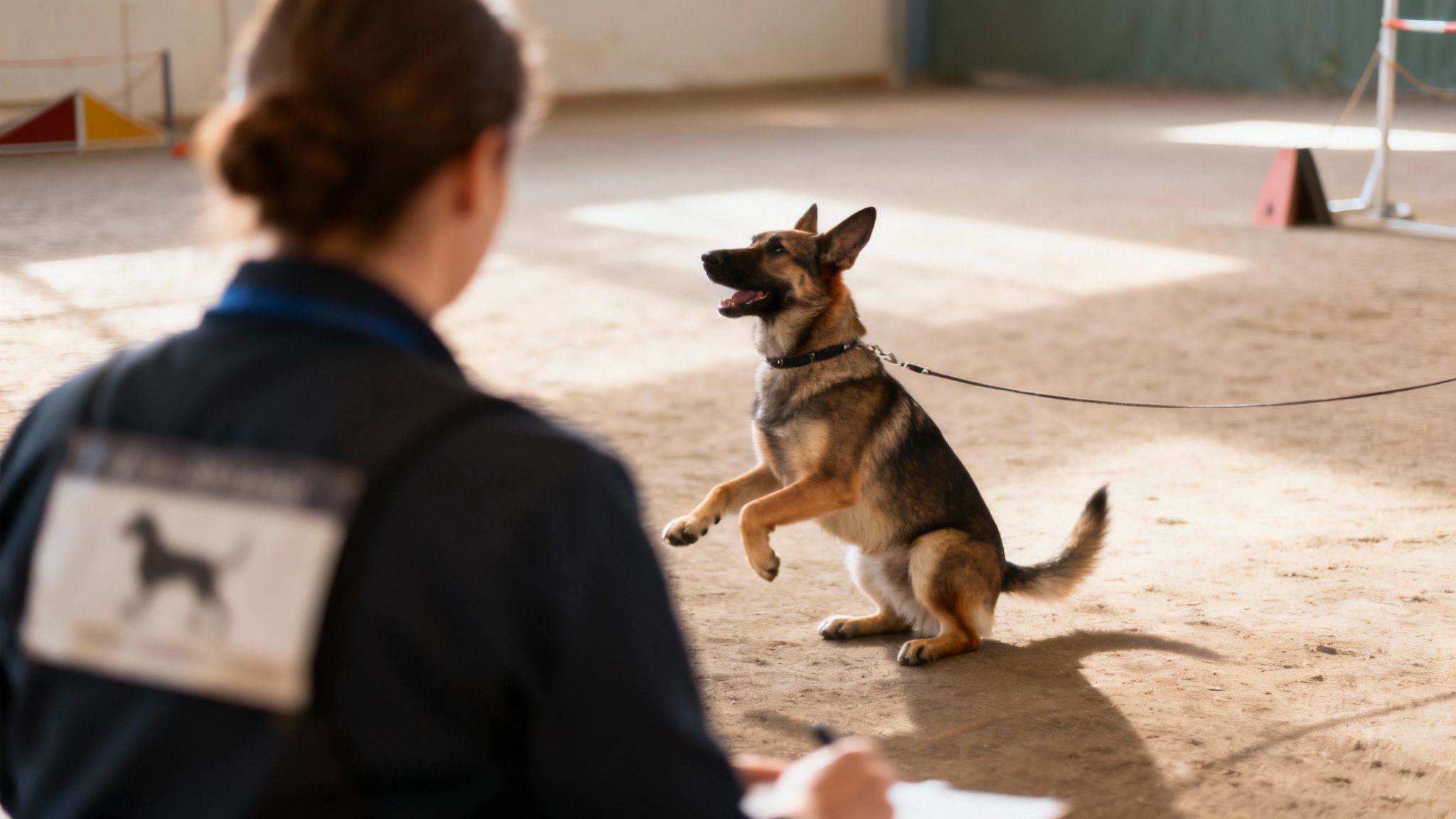 A German Shepherd dog stands on its hind legs, looking at a judge with a dog show bib.