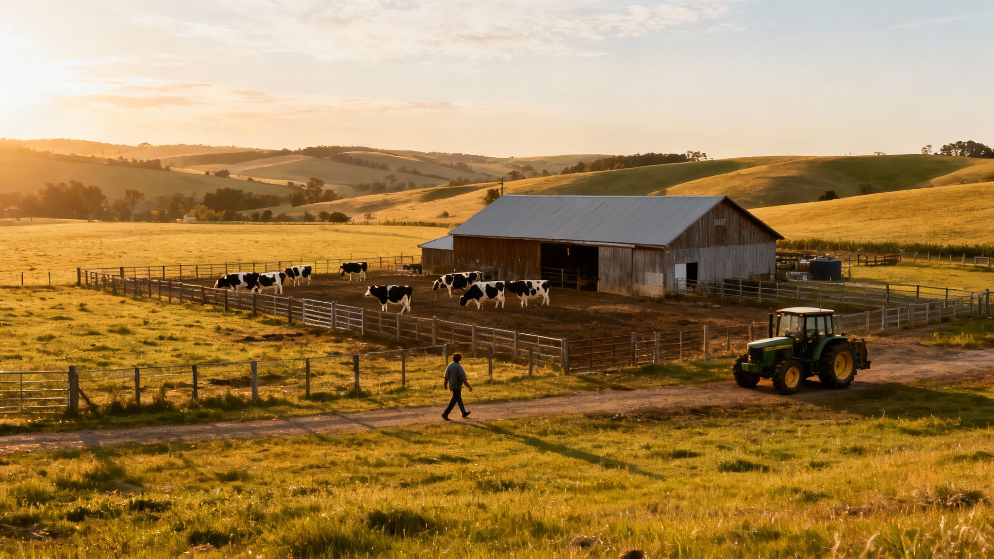 Golden sunset over a farm with cows, a barn, a walking person, and a tractor.