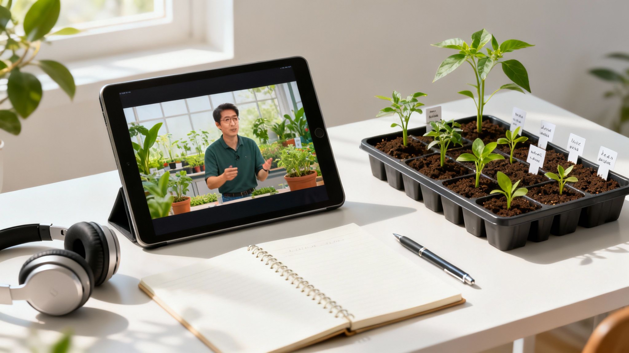 A person learning gardening online with a tablet displaying a plant expert, next to a tray of seedlings.