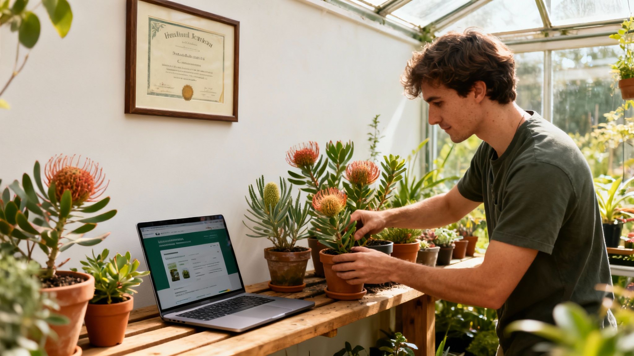 Young man tending to potted protea plants in a greenhouse, with a laptop showing horticulture content.