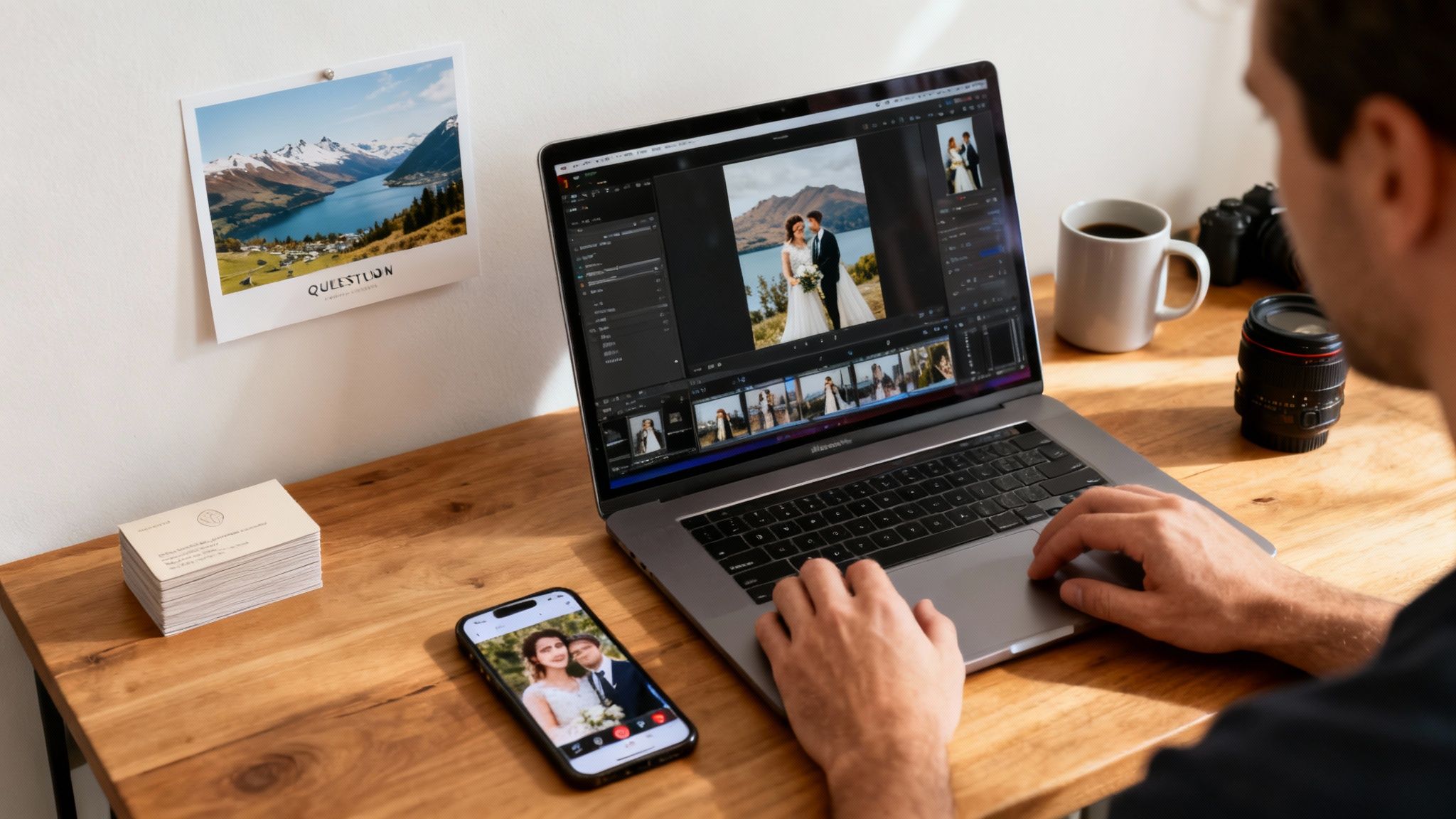 A person editing wedding photos on a laptop, with a phone, coffee, and camera gear on a wooden desk.