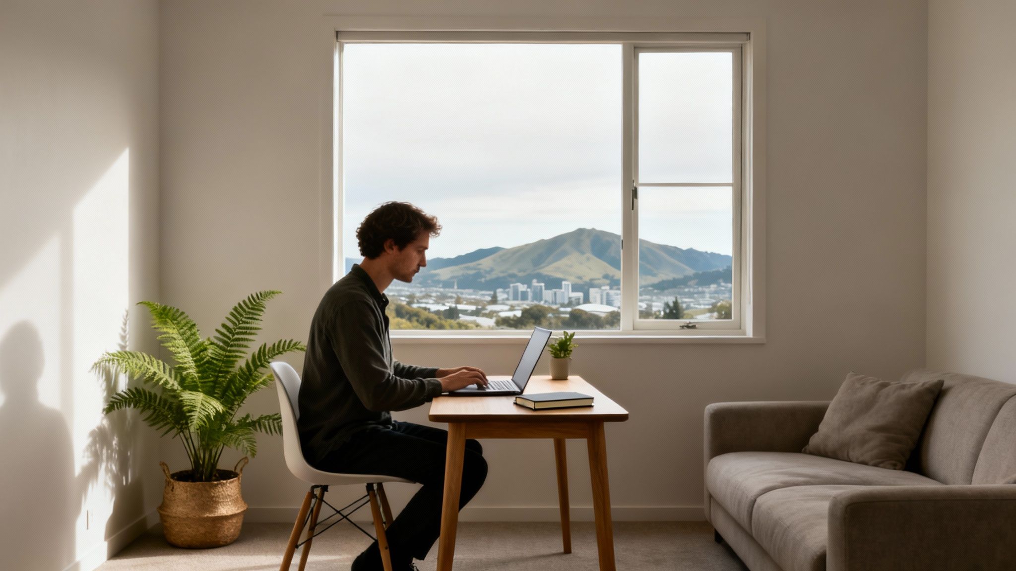Man focused on laptop at home office desk with a window overlooking mountains and a city.