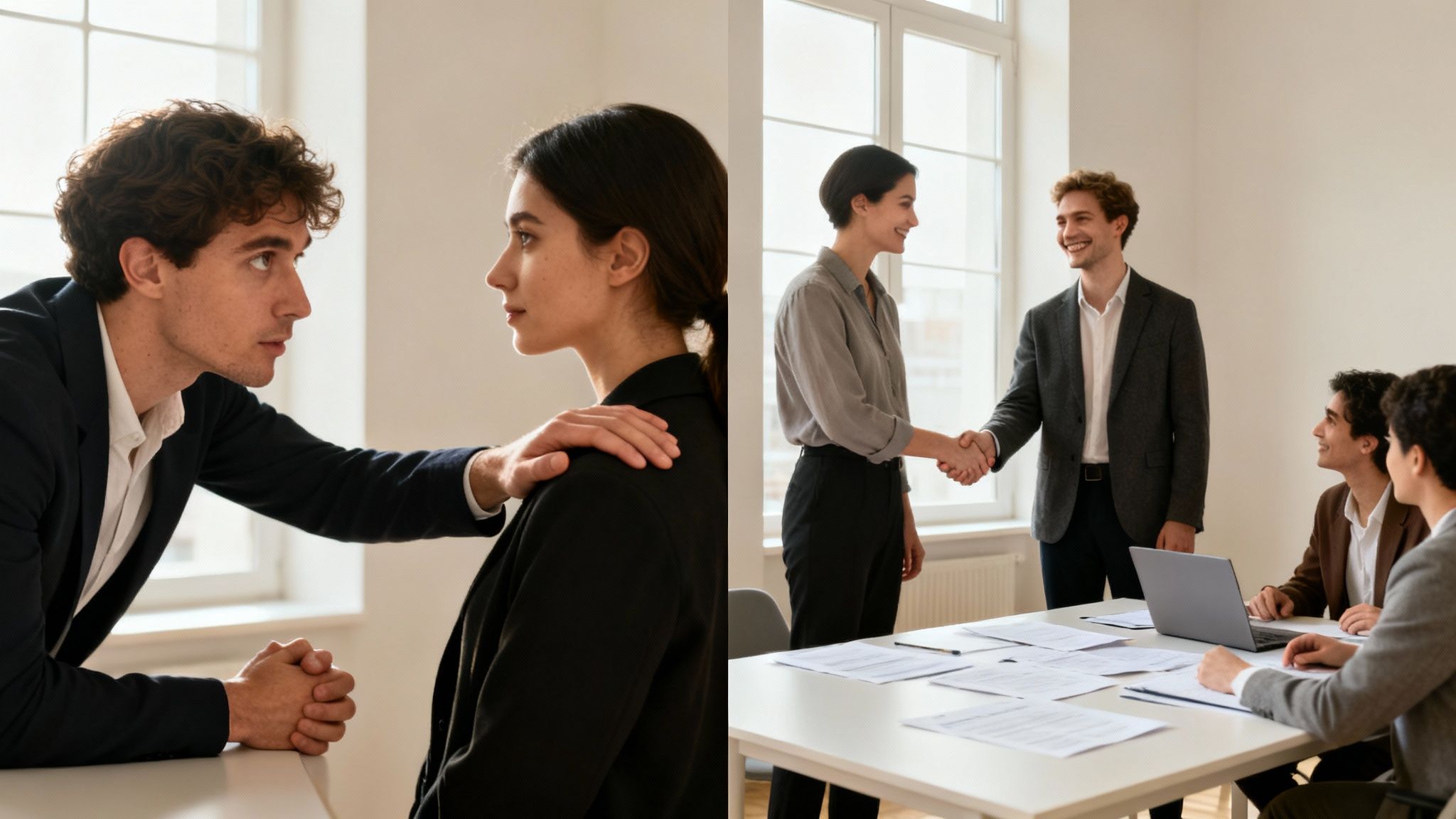 A man offers comfort to a woman, contrasted with a professional handshake at a business meeting.