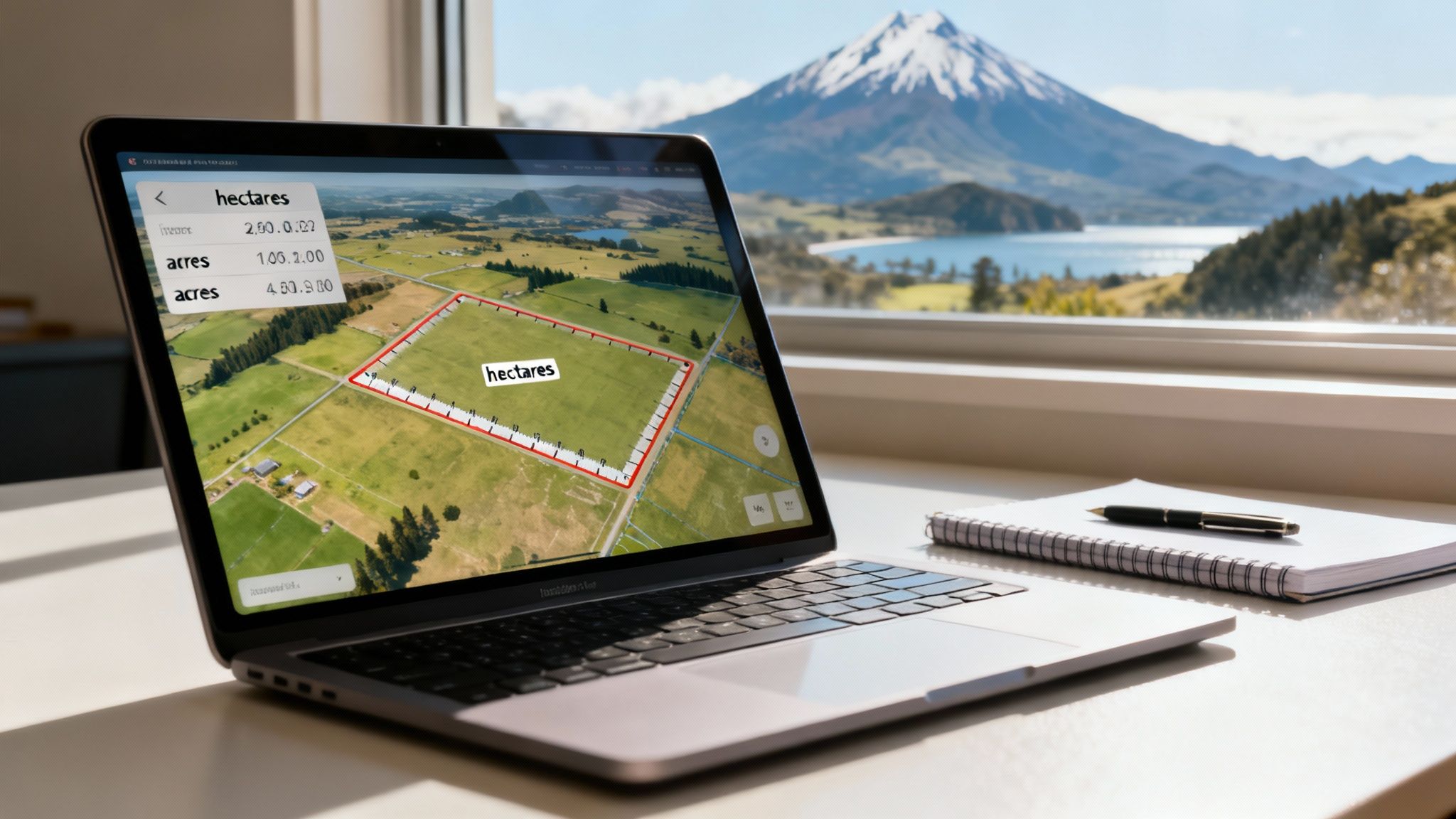 Laptop displays a map showing land measured in hectares and acres, with a scenic mountain view in the background.