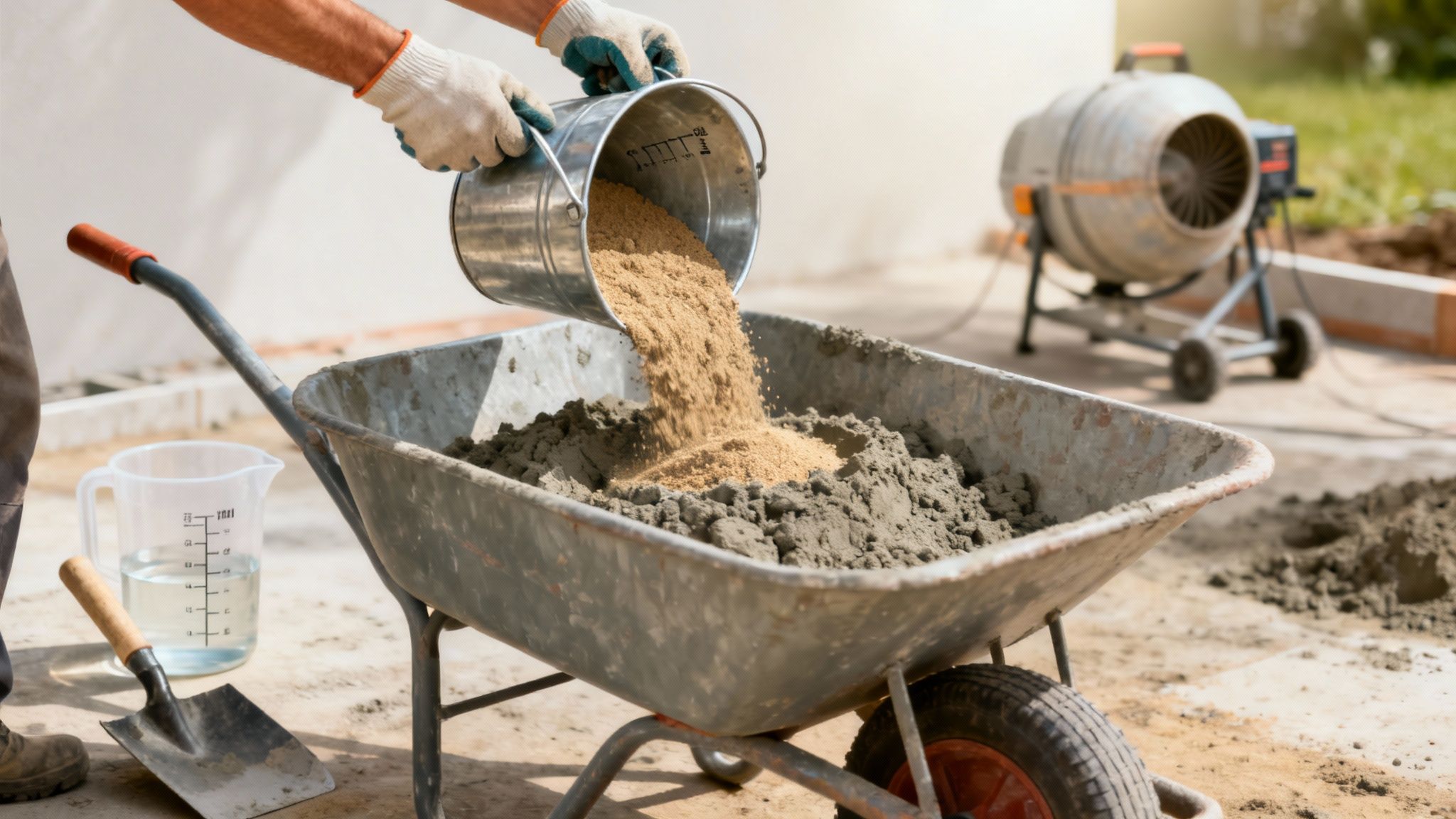 A construction worker in gloves pours sand from a bucket into a wheelbarrow for mixing concrete.