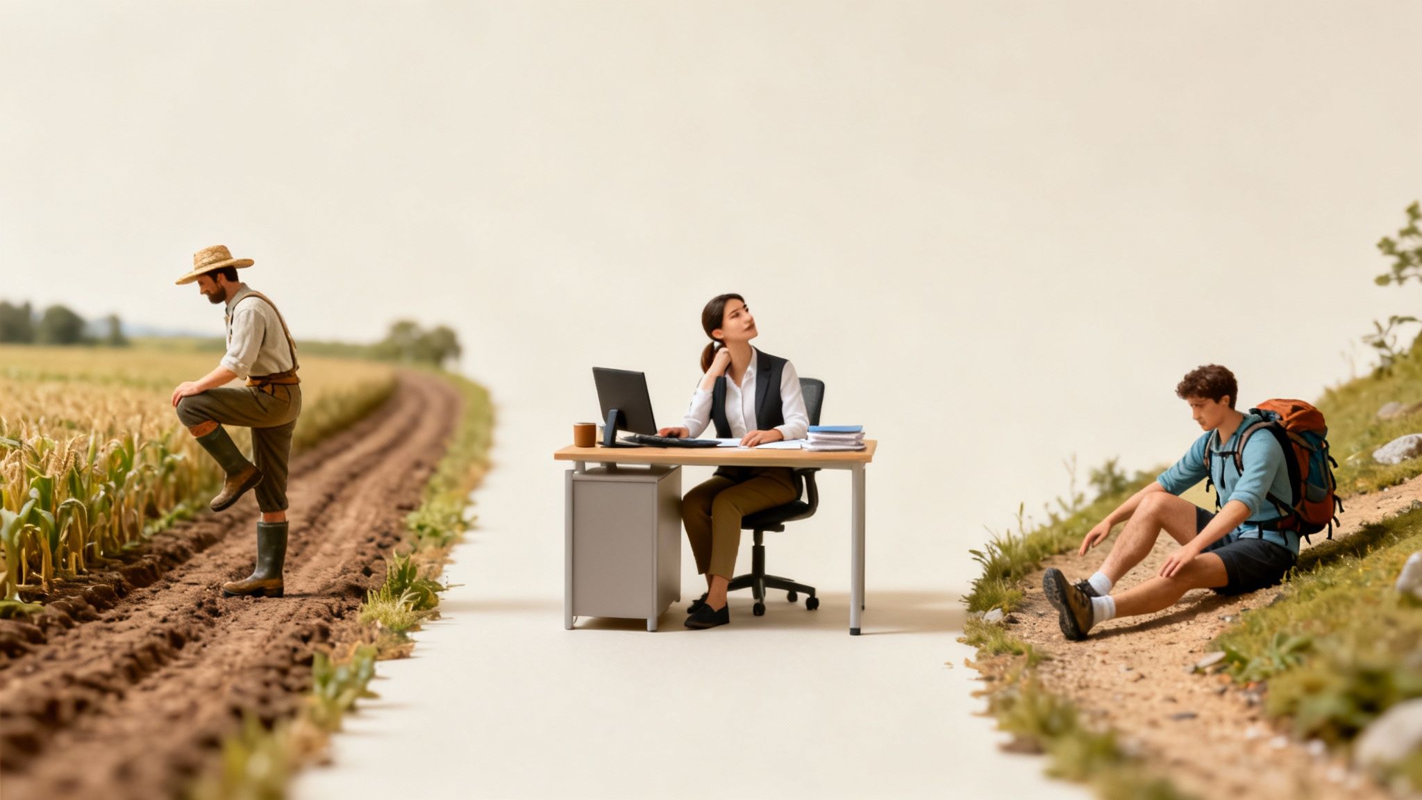 Three individuals depicting diverse career paths: a farmer, an office worker, and a hiker on distinct trails.