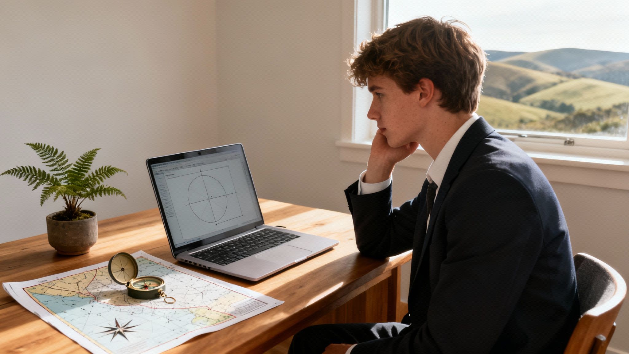 A young man in a suit sits thoughtfully at a desk with a laptop, map, and compass.