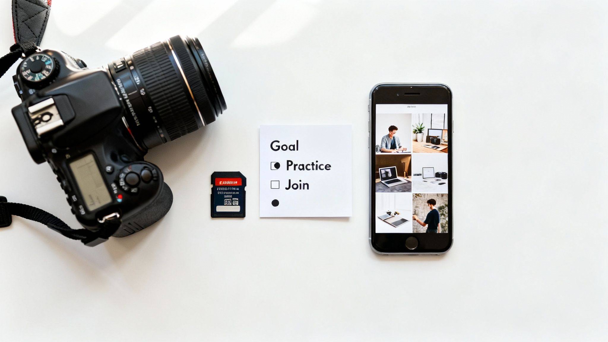 Flat lay of a DSLR camera, SD card, 'Goal: Practice' note, and smartphone with photo grid.