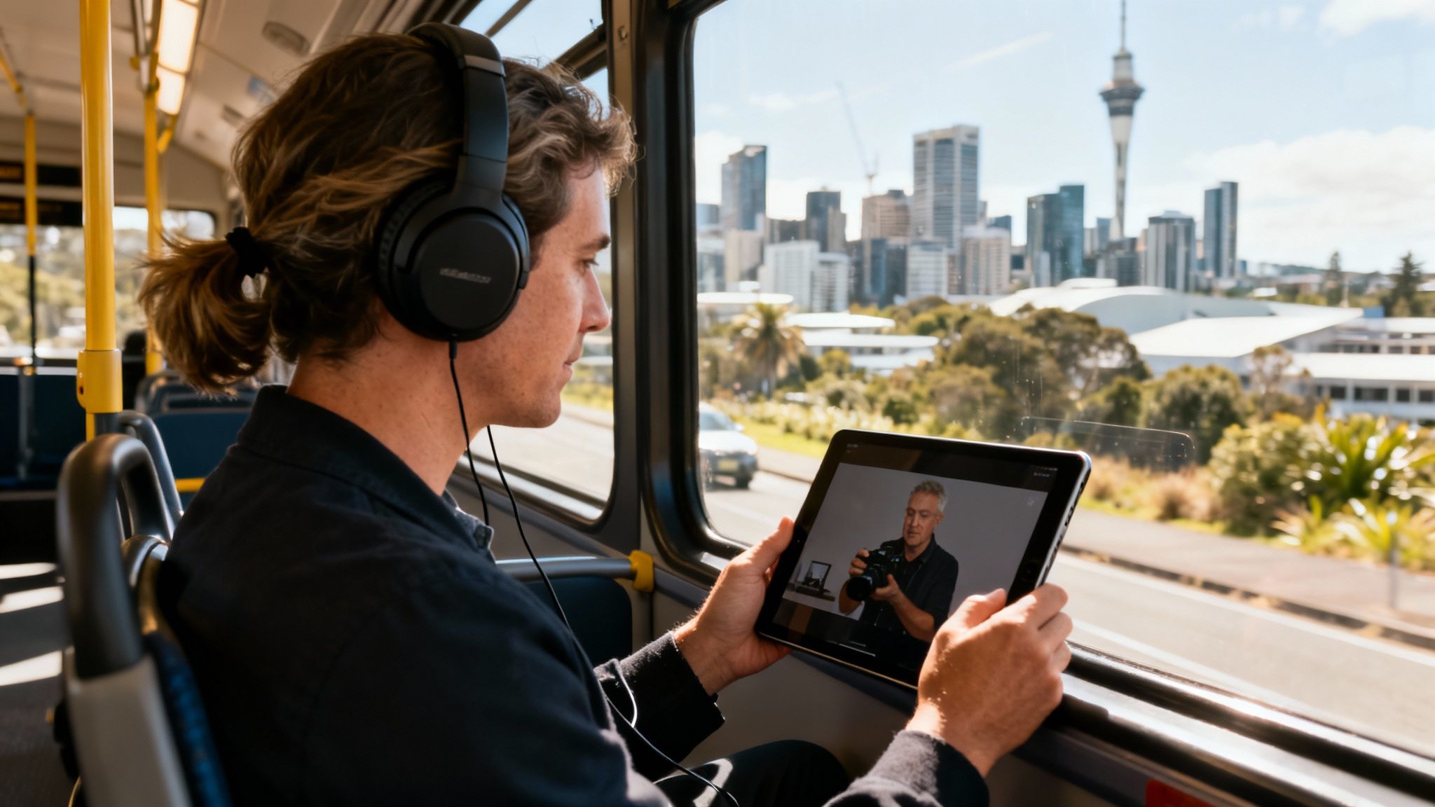 A man on a bus watches a photography course video on a tablet, with Auckland city outside.