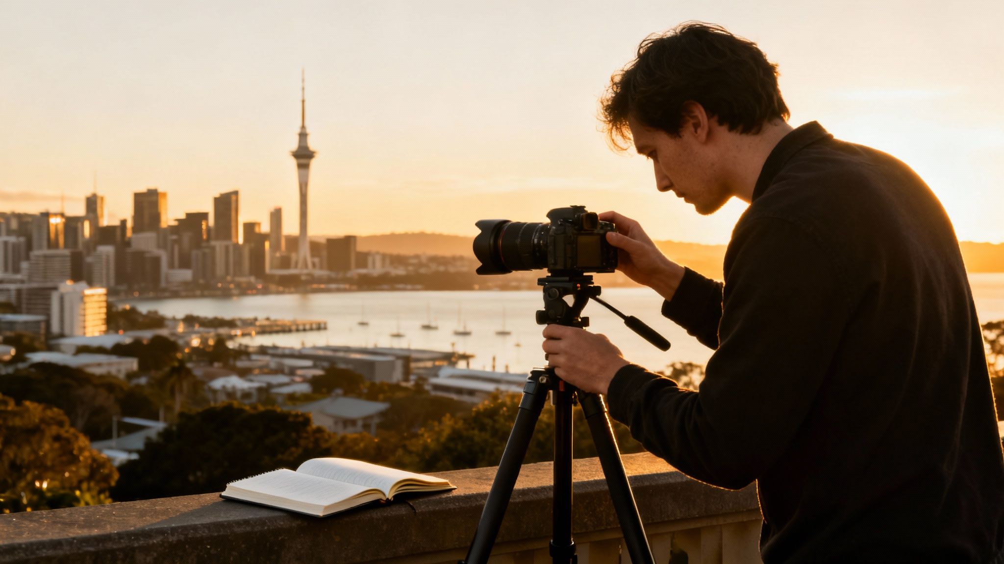Young photographer adjusting camera settings overlooking Auckland city at sunset.