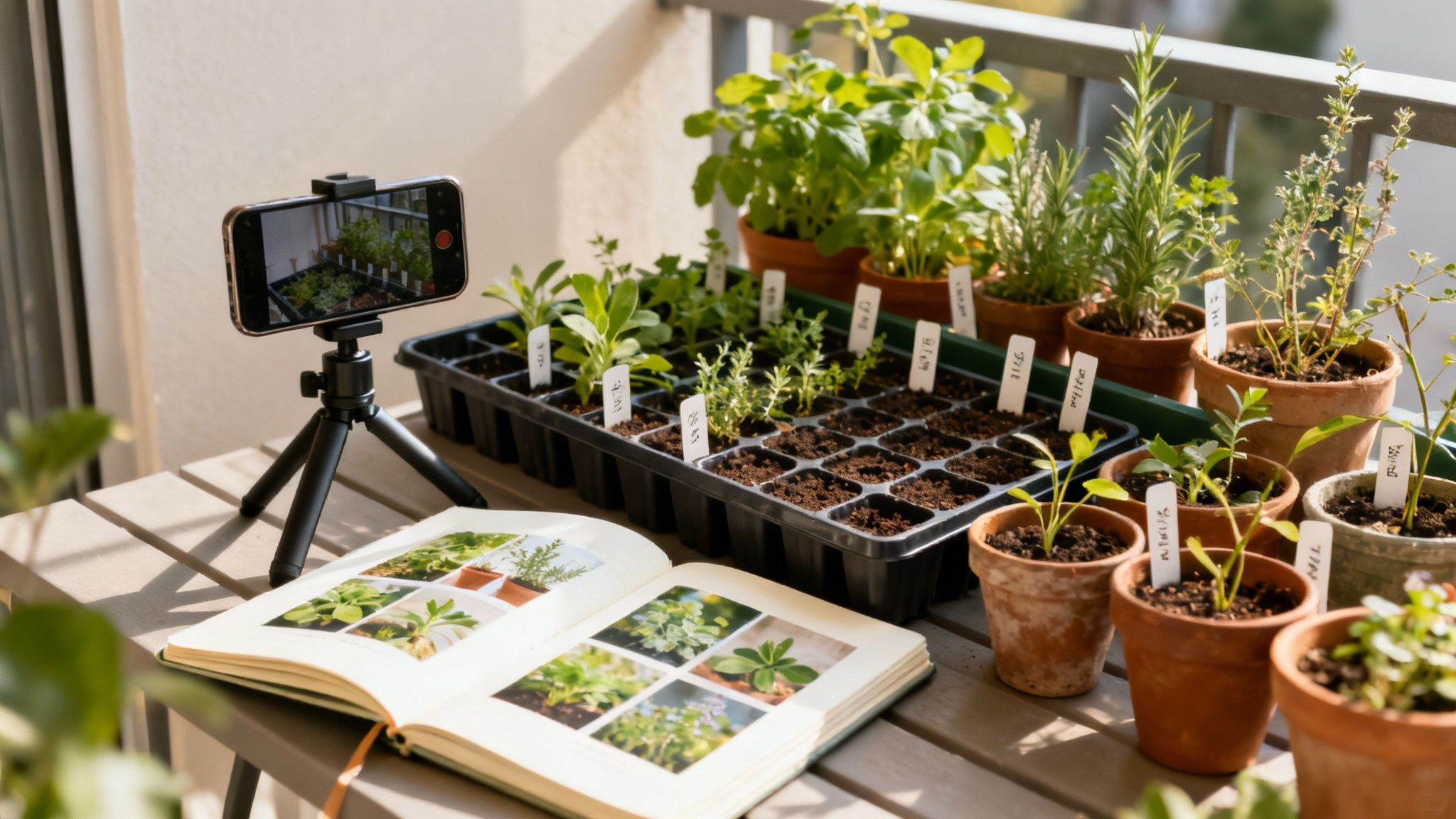 A smartphone records a video of various small plants and seedlings on a balcony table with an open book.